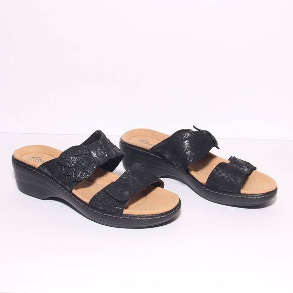 Clarks Merliah Charm Adjustable Fabric Strap Slide Wedge Size 9.5M Black - Picture 3 of 8